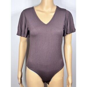 MANGOPOP Womens Deep V Neck Ruffle Short Sleeve bodysuit Coffee Size S